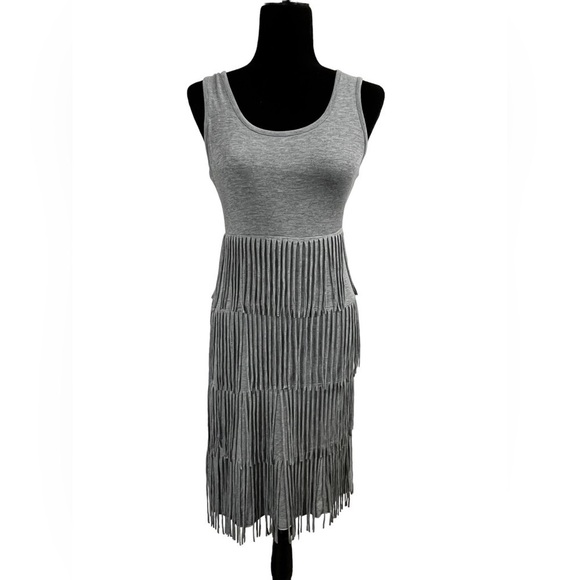 Kate and Mallory Knit Scoop Neck Fringed Hem Dress Grey - Picture 1 of 14